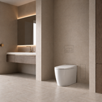 Finished bathroom with hidden flush plate mechanism