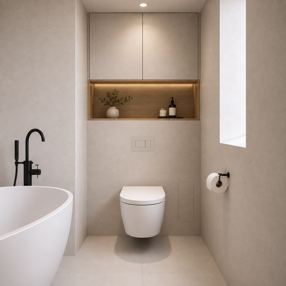 Bathroom wall with in-wall toilet flush mechanism, tile-flush finish