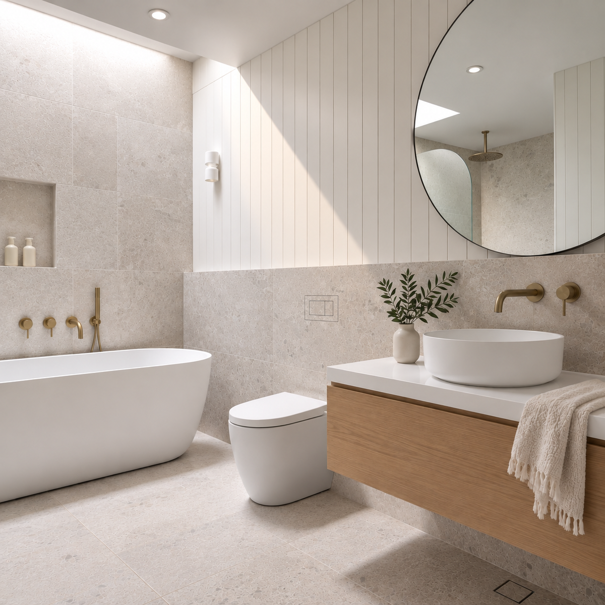 Concealed flush plate recessed into bathroom wall, no visible button