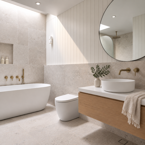 Concealed flush plate recessed into bathroom wall, no visible button