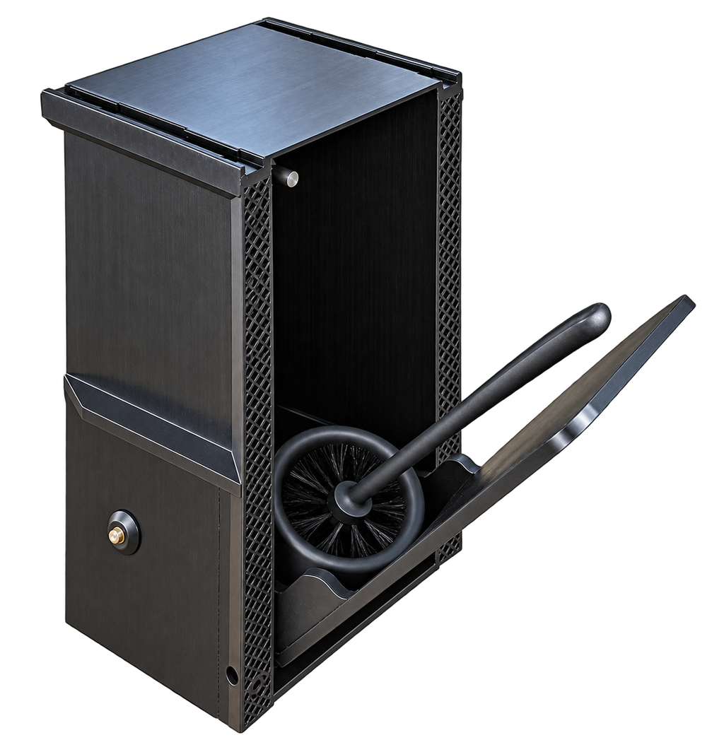Concealed toilet brush housing, front cover panel
